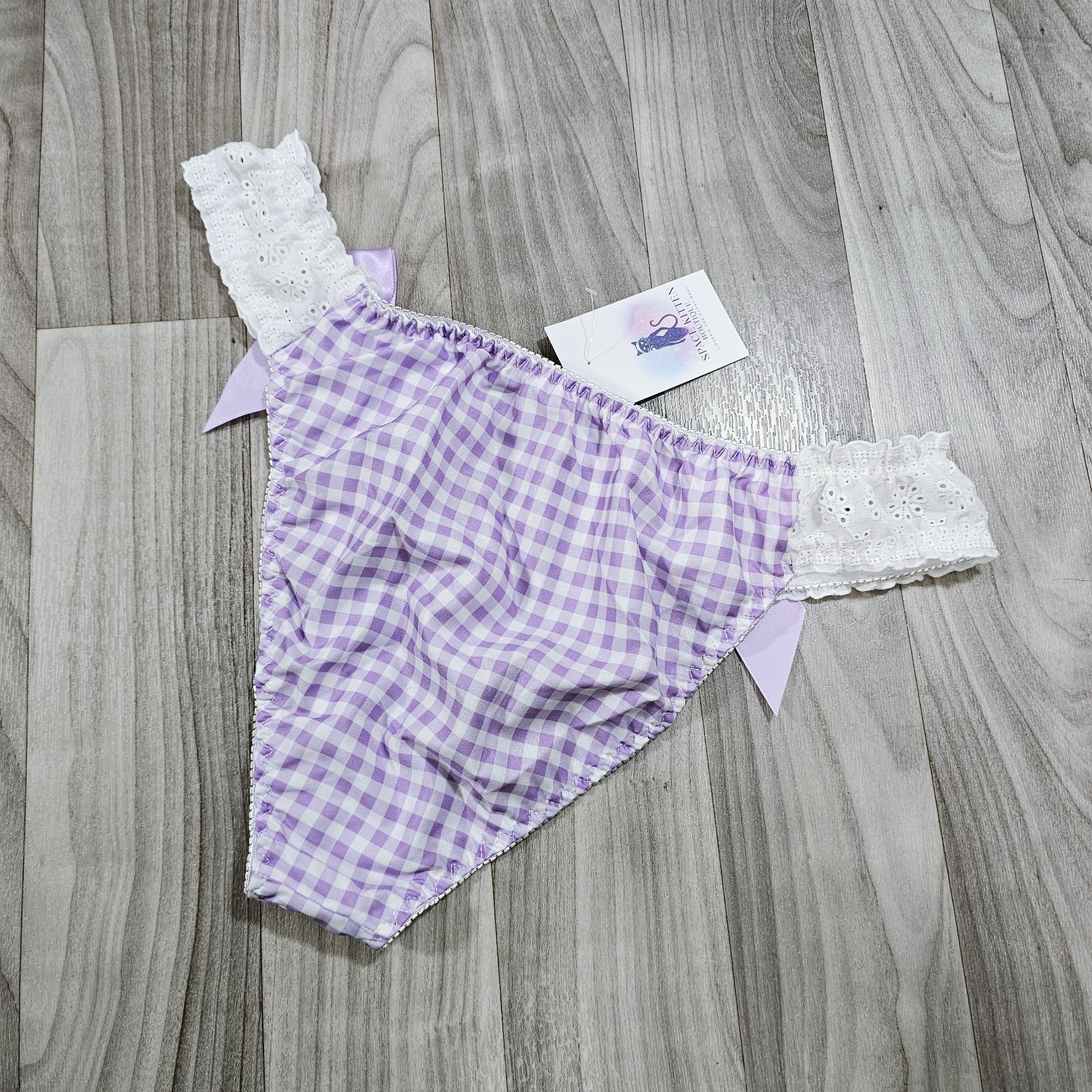Gingham Bikini Panties Satin Bows & Eyelet Lace Sides, Purple/White, Size XL