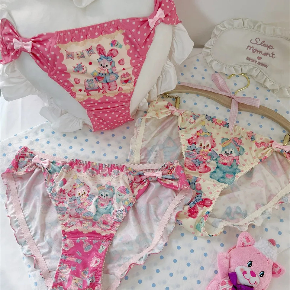 Cartoon Print Panties Mid Rise Bow Ruffle Breathable Women’s Underwear