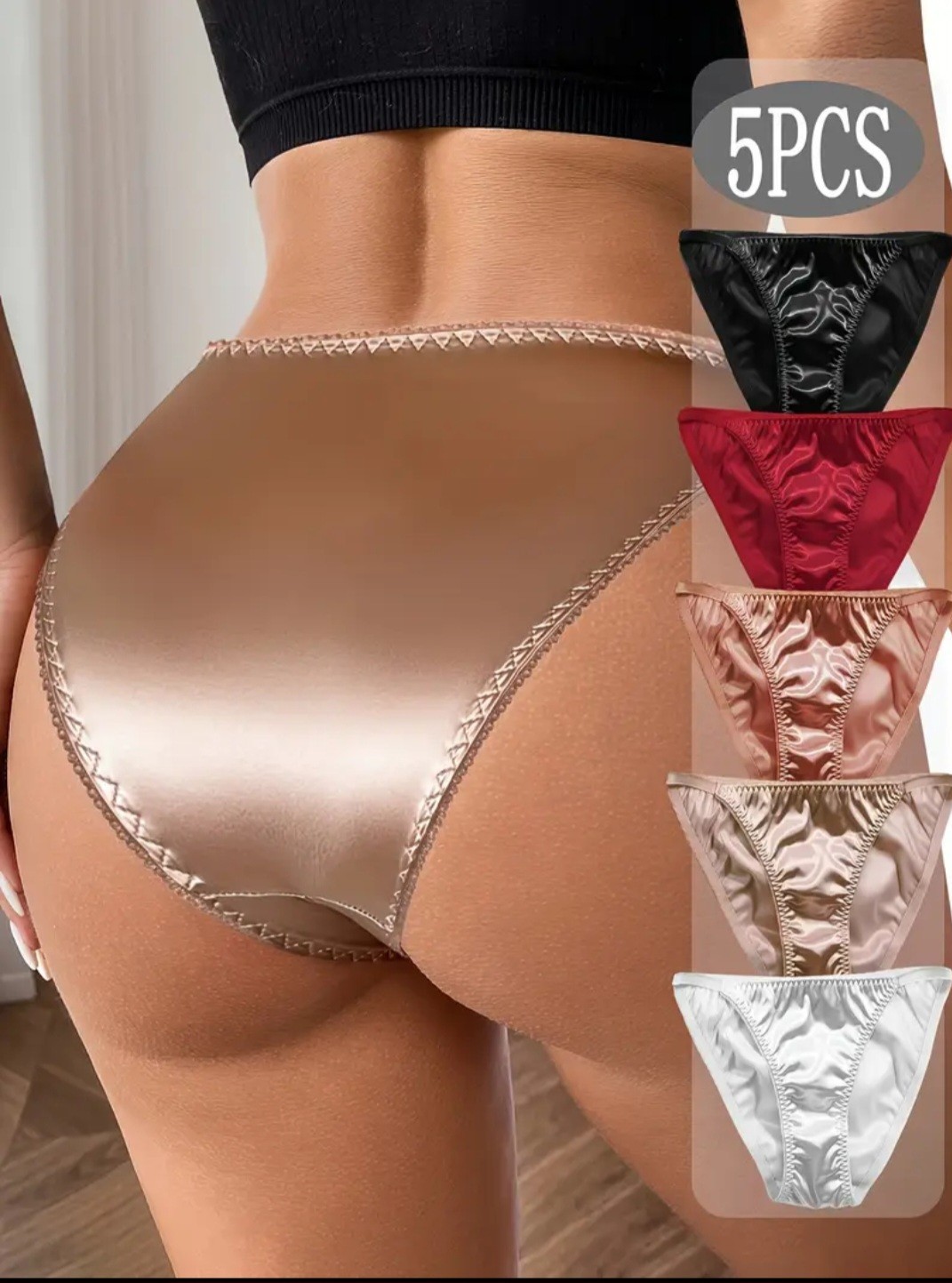 5 Pack Stretch Luxe Satin String Panties Women’s S M L XL Black Beige Red White