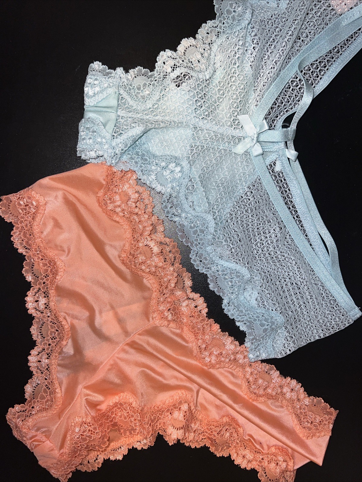 Victoria’s Secret S CHEEKY PANTY LOT 2 Aqua Blue Neon Orange Lace Mesh Smooth