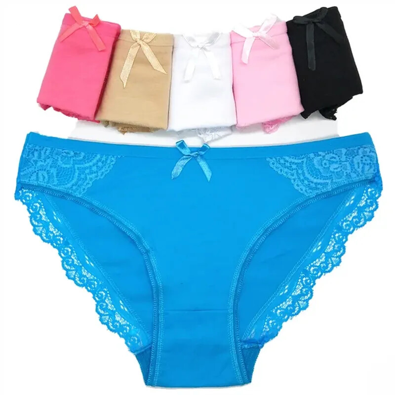 5-Piece Women’s Cotton Lace Briefs – Seamless Low-Rise Underwear with Bow Detail