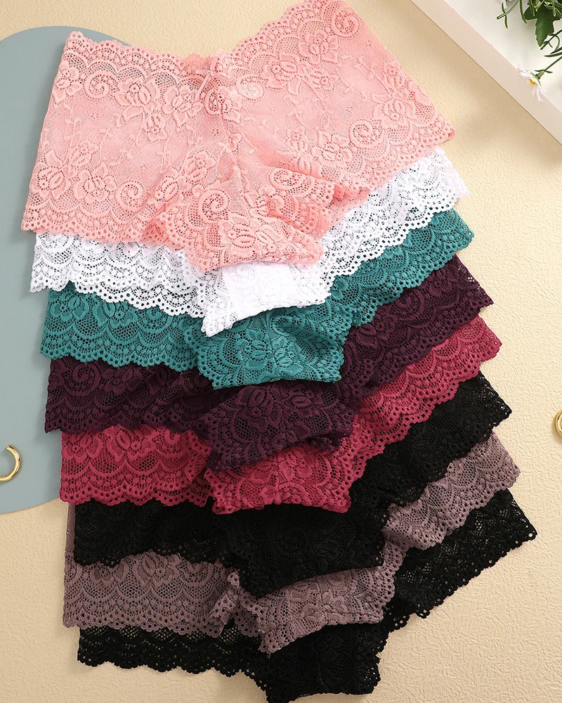 Boyshort Panties Lace Floral Low Waist Stretch Breathable Underwear 8PCS Women