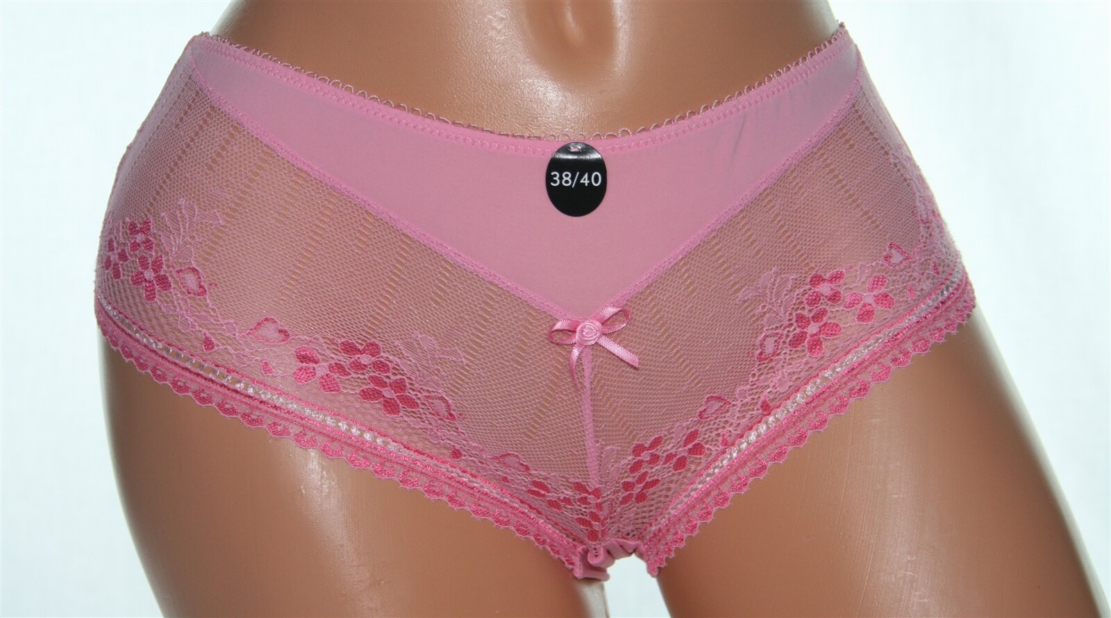 Pink Bikini Panty Sheer Shiny Floral Panel Front, Bow & Rose Size 38/40