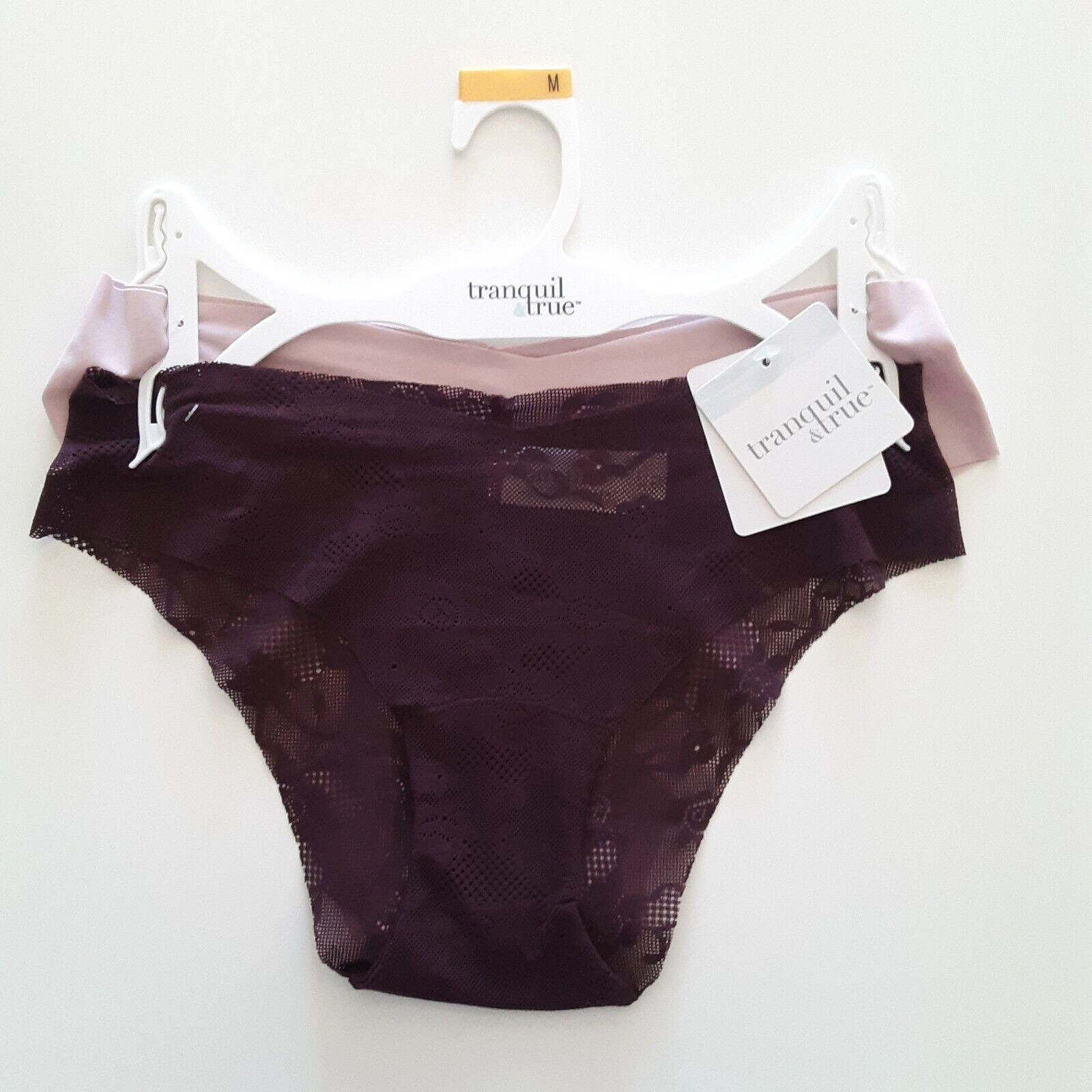 Tranquil & True Womens Size M Cheeky Panties Matte Lace Burgundy Lavender 2 Pack