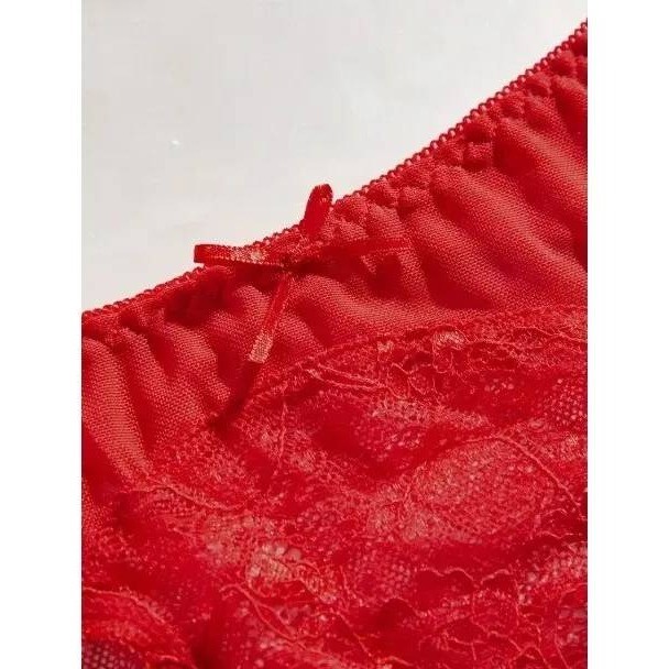 Lace Crotchless Panties Women Medium Red Strappy Mesh Bow Detail