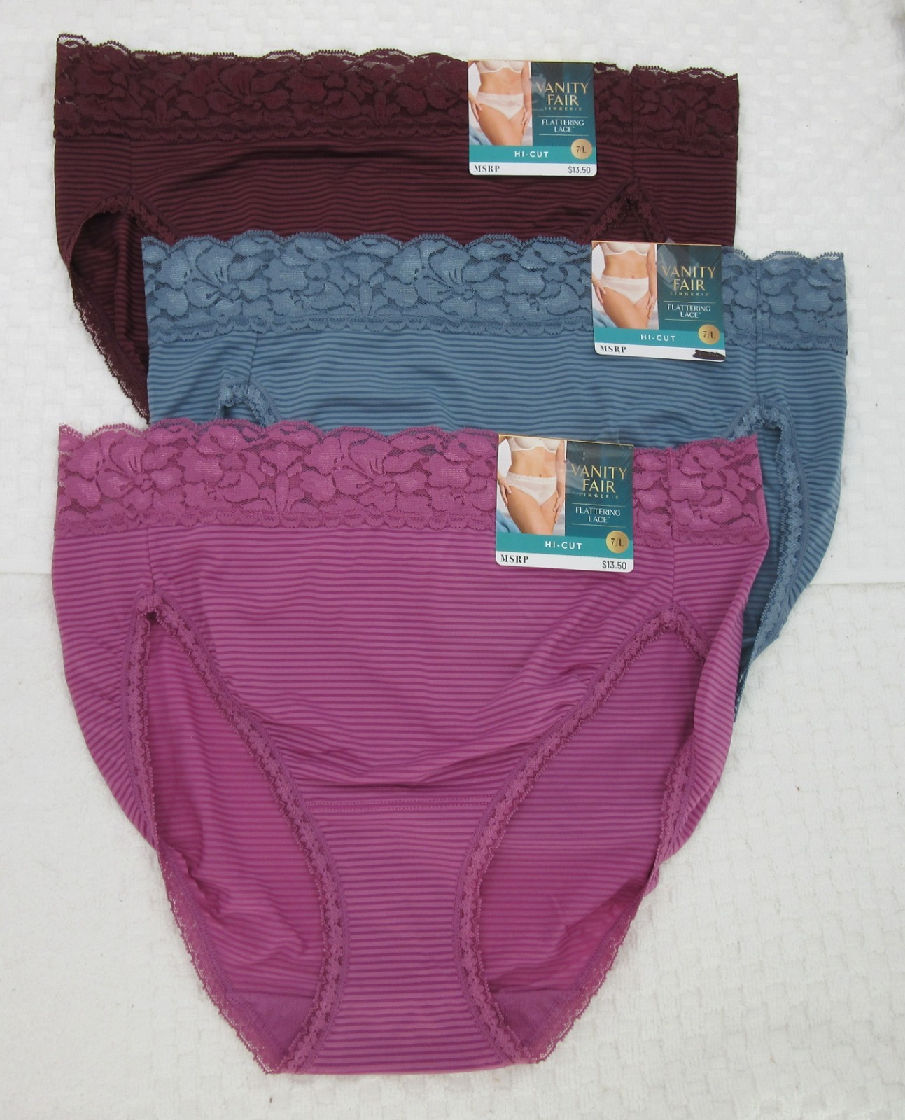 NWT set/3 VANITY FAIR FLATTERING LACE HI CUT 13280 STEELE BLUE PLUM RASPBERRY