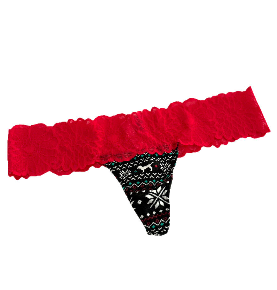 Victoria’s Secret PINK Opaque Floral Lace-Trim Thong Panty Red Isle