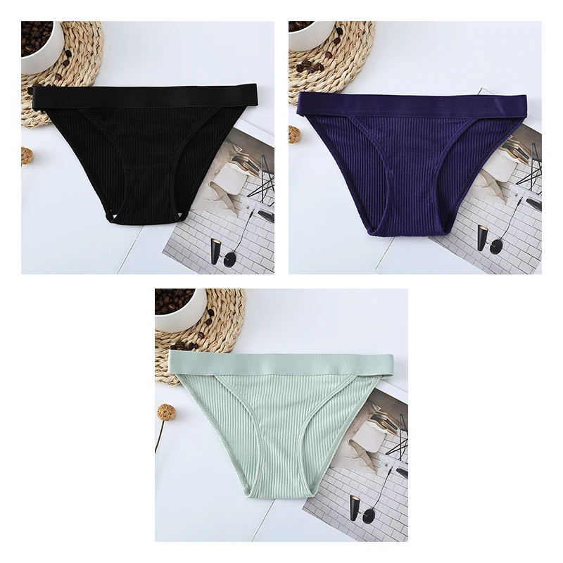 Mid Rise Brief Panties Striped Stretch Comfortable Breathable Underwear 3PCS