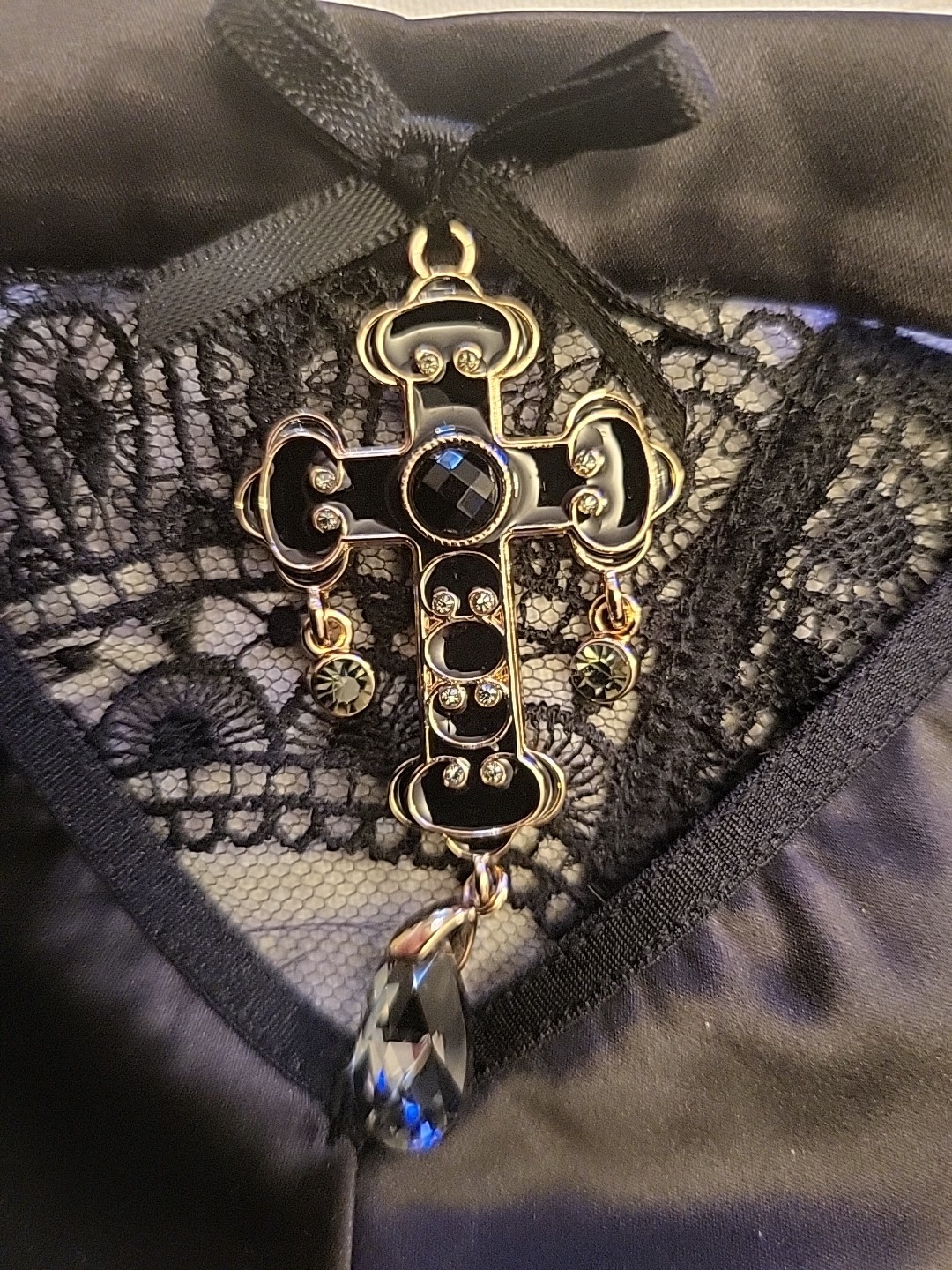 Honey Birdette Miss Soo Black Brief cross and chandelier crystal pendants Large