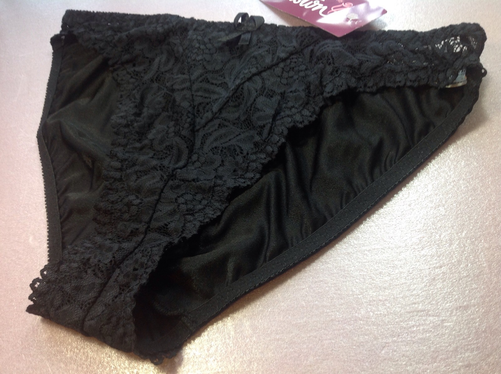 Women Panties,Bikinis ILUSION Size L. Black Fishnet&Satin Floral W/ Decoration