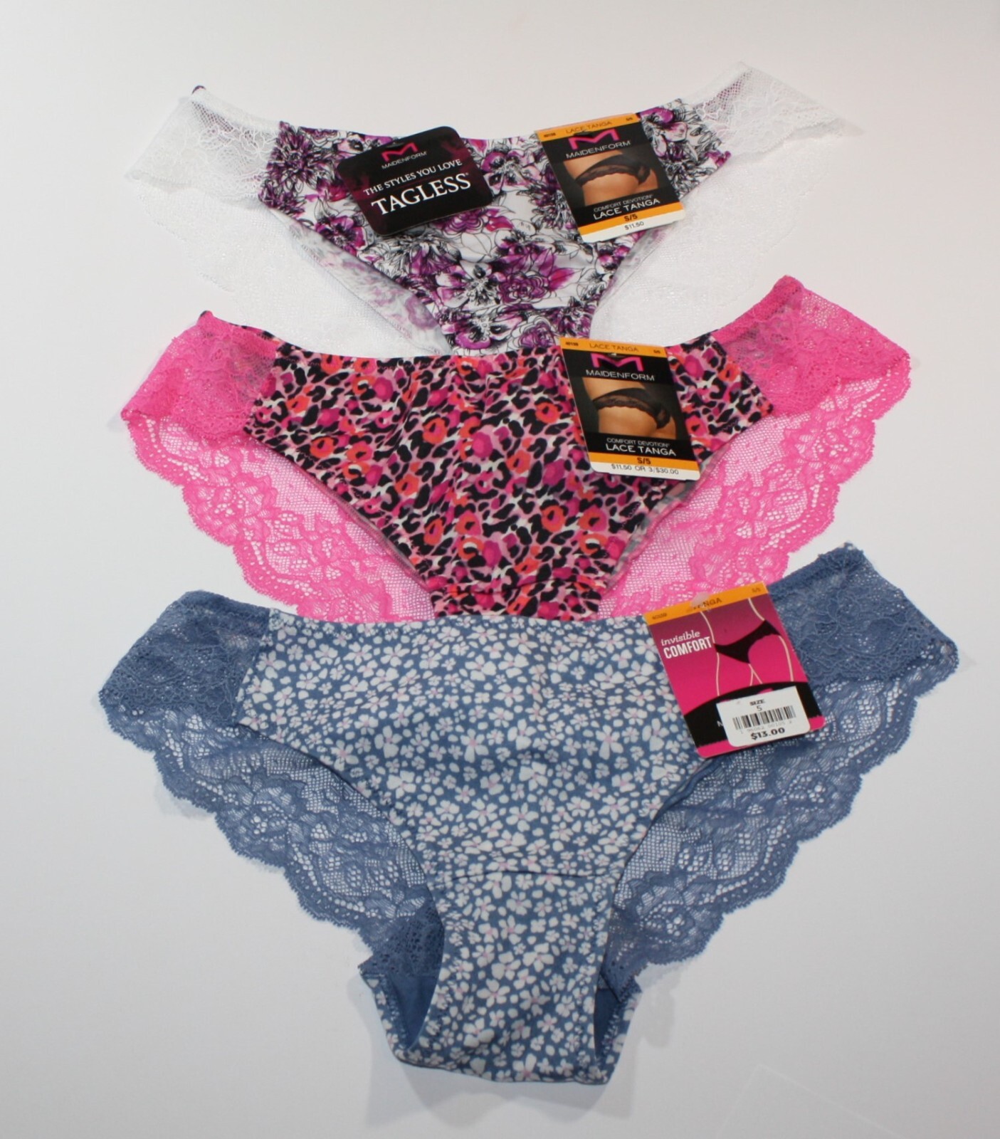 NWT set of 3 MAIDENFORM comfort devotion LACE TANGA WHITE FLORAL BLUE ANIMAL PRI