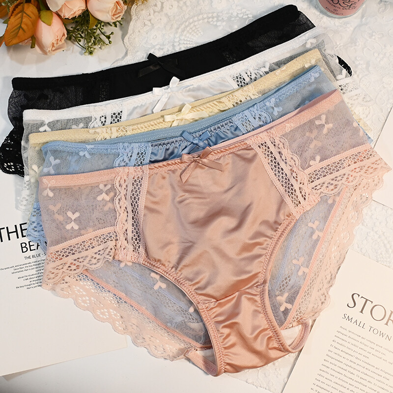 5pcs Lot Sexy Womens Satin Panties Sheer Back Full Briefs French Lace Underwear