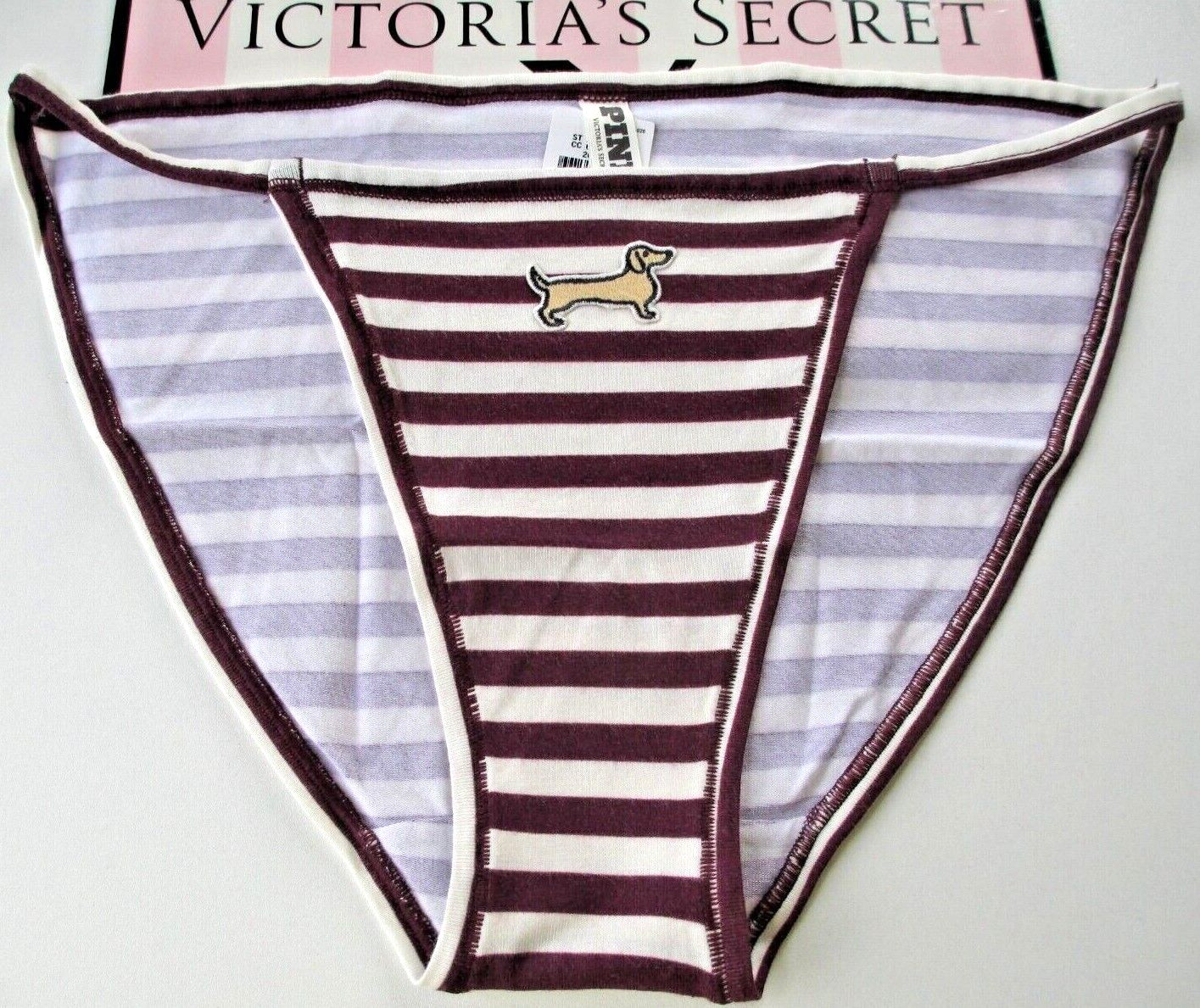 VICTORIA’S SECRET PINK Cotton String Bikini Panty M L XL Maroon Stripe NWT Dog