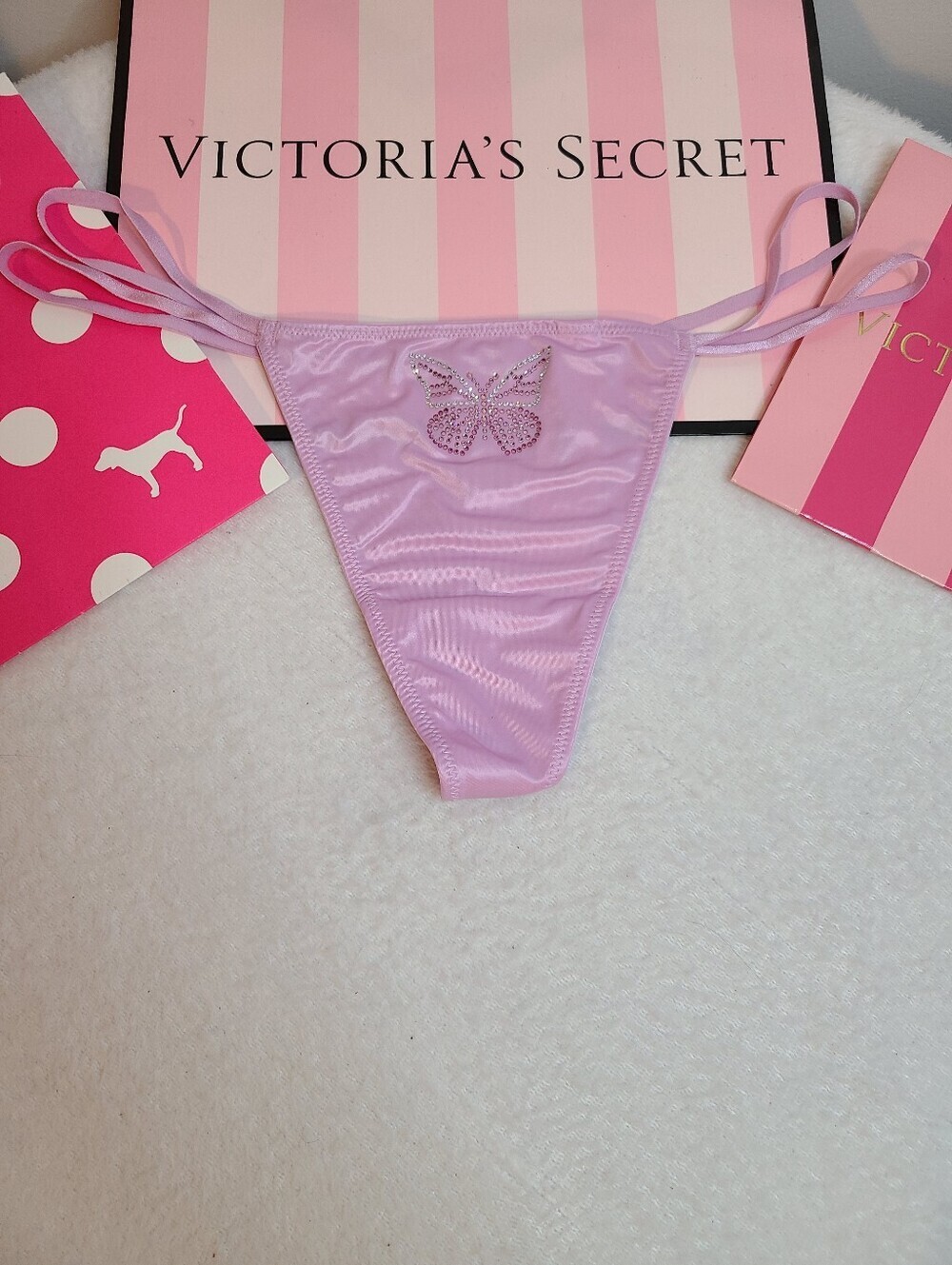 Victoria’s Secret Silky Satin Strappy Butterfly Bling V-string Thong Panty M