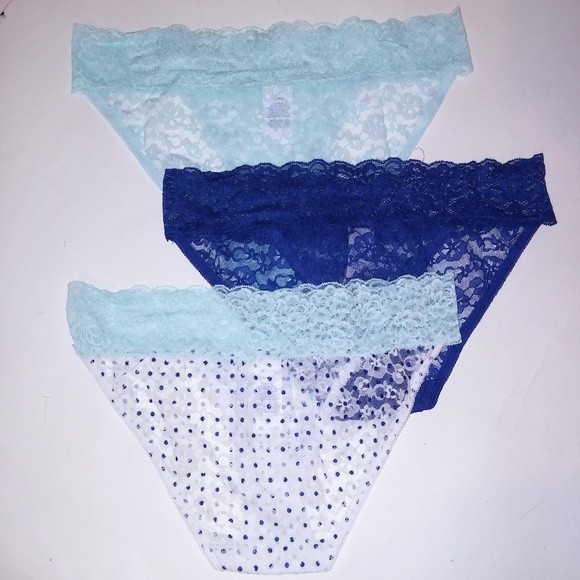 Set of 3 Simply Styled Panties Small Bikini Blue White Solid Polka Dots New