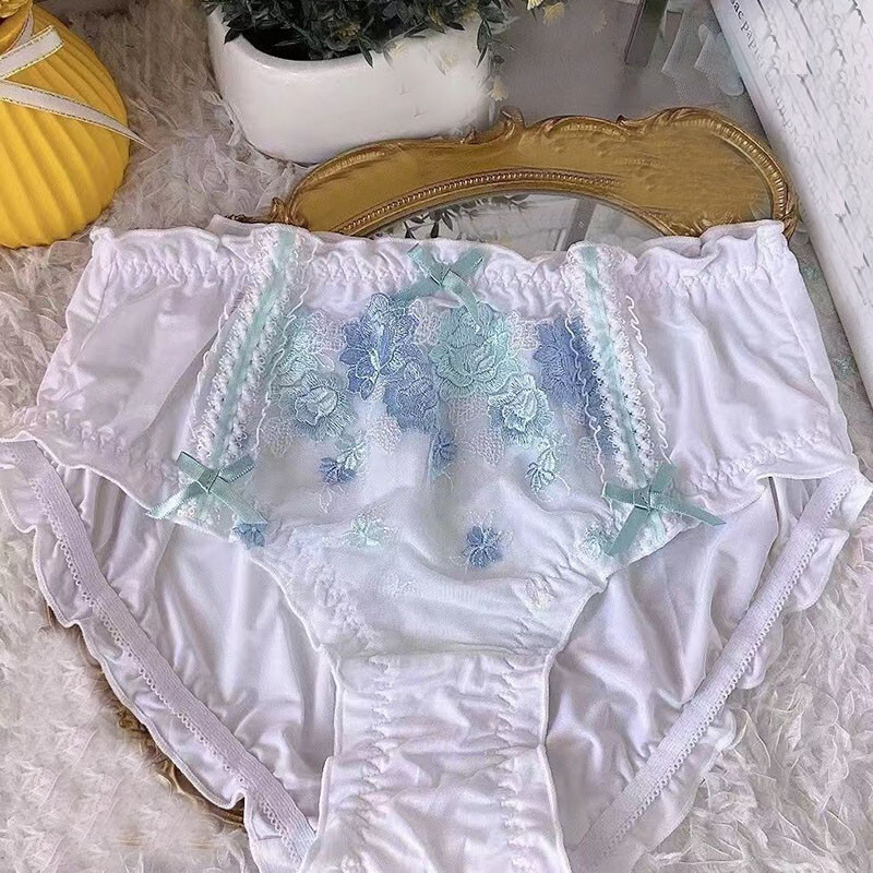 Lady Embroidery Floral Panties Briefs Bow Underpants Comfort Princess Underwear