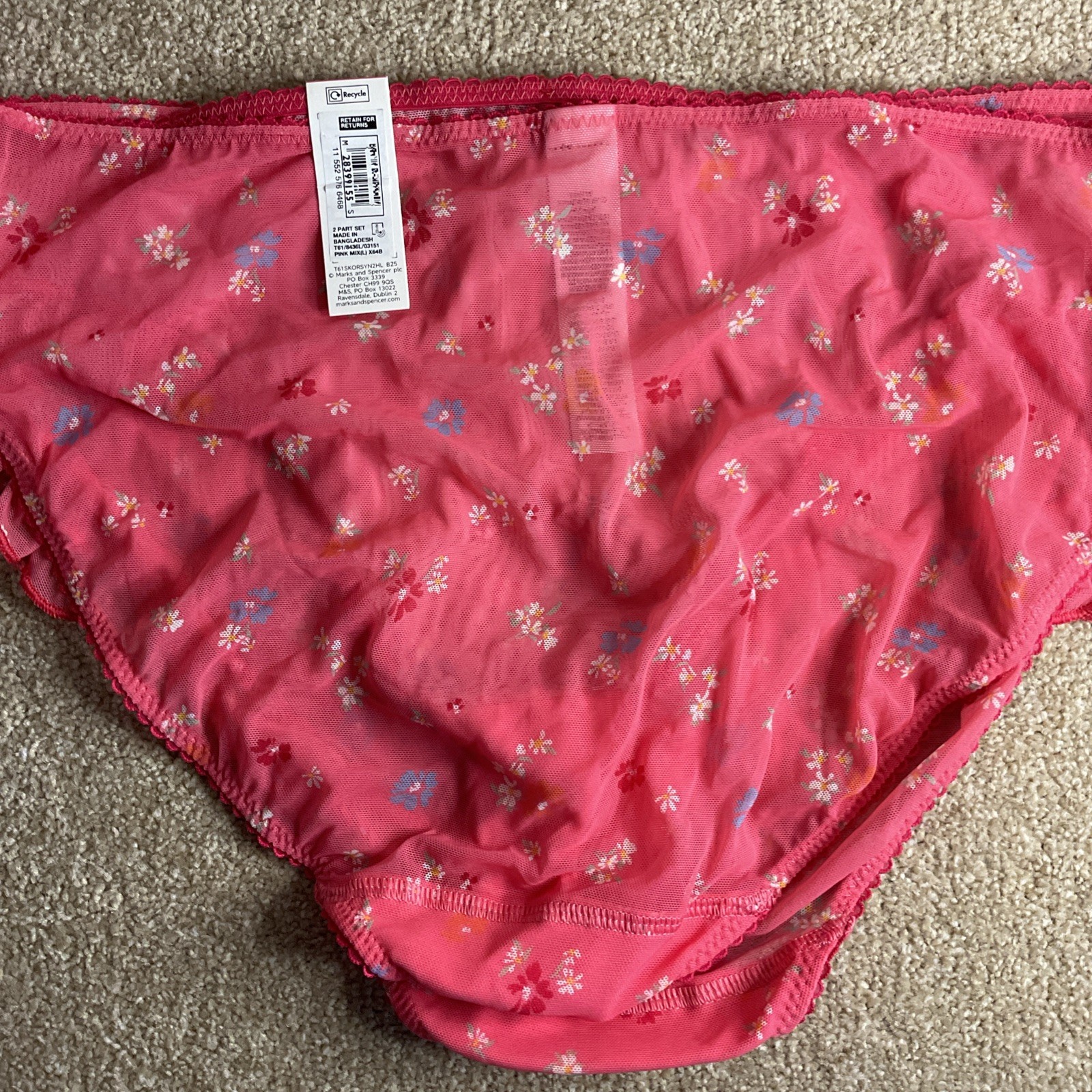 M&S 2 PACK Size L 16-18 Ladies Pretty High Leg Knickers Pink Floral Mesh Large