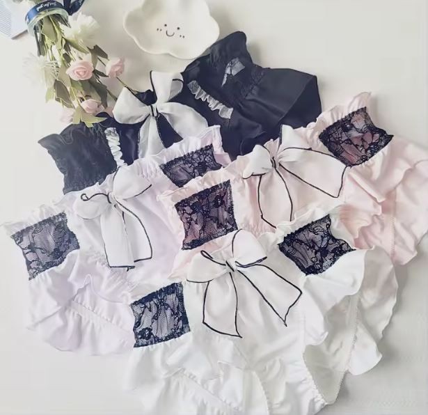 Luxury soft silky feel satin knickers panties black lace bow ruffles UK 12 / L