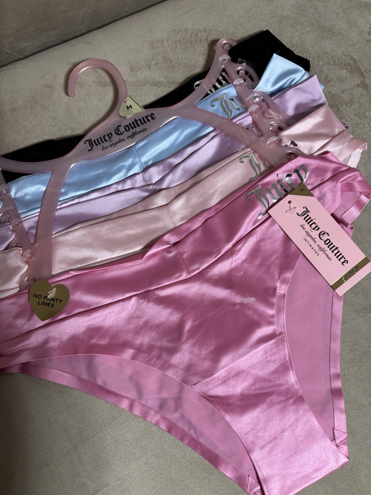 NEW Juicy Couture Size Medium Pink Seamless Silky Satin Stretch Panties 5 pack N