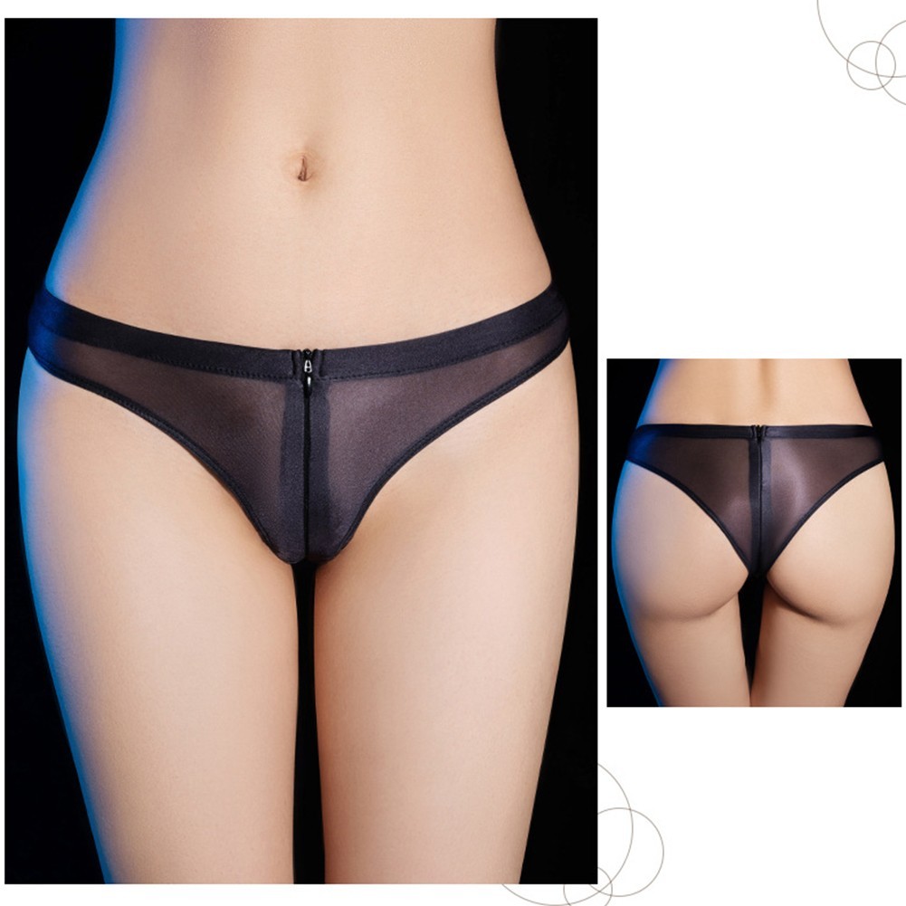 Women Zip-up Open Crotch Panties Sheer Briefs Shiny Glossy Underwear Lingerie