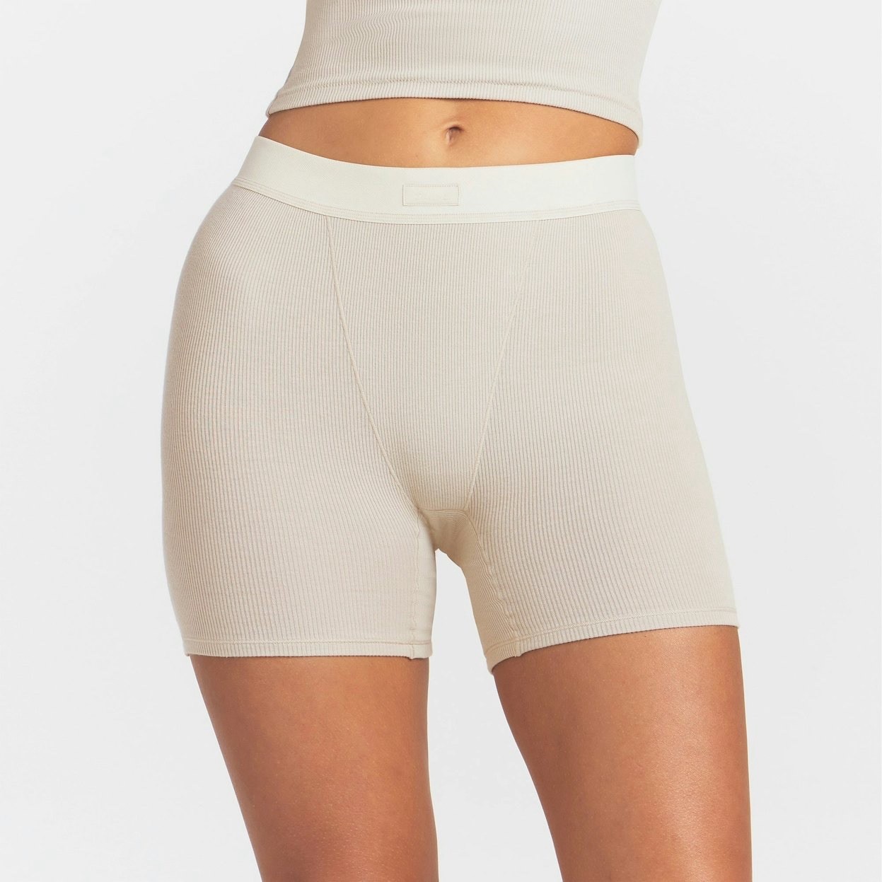 Skims Cotton Ribbed Biker Brief women Sz M Stone Minimal Clean-girl Basics NWT