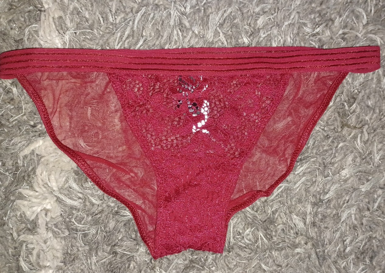New VS Vintage Striped Mesh & Floral Lace string bikini Panty Size Xs Deep Red