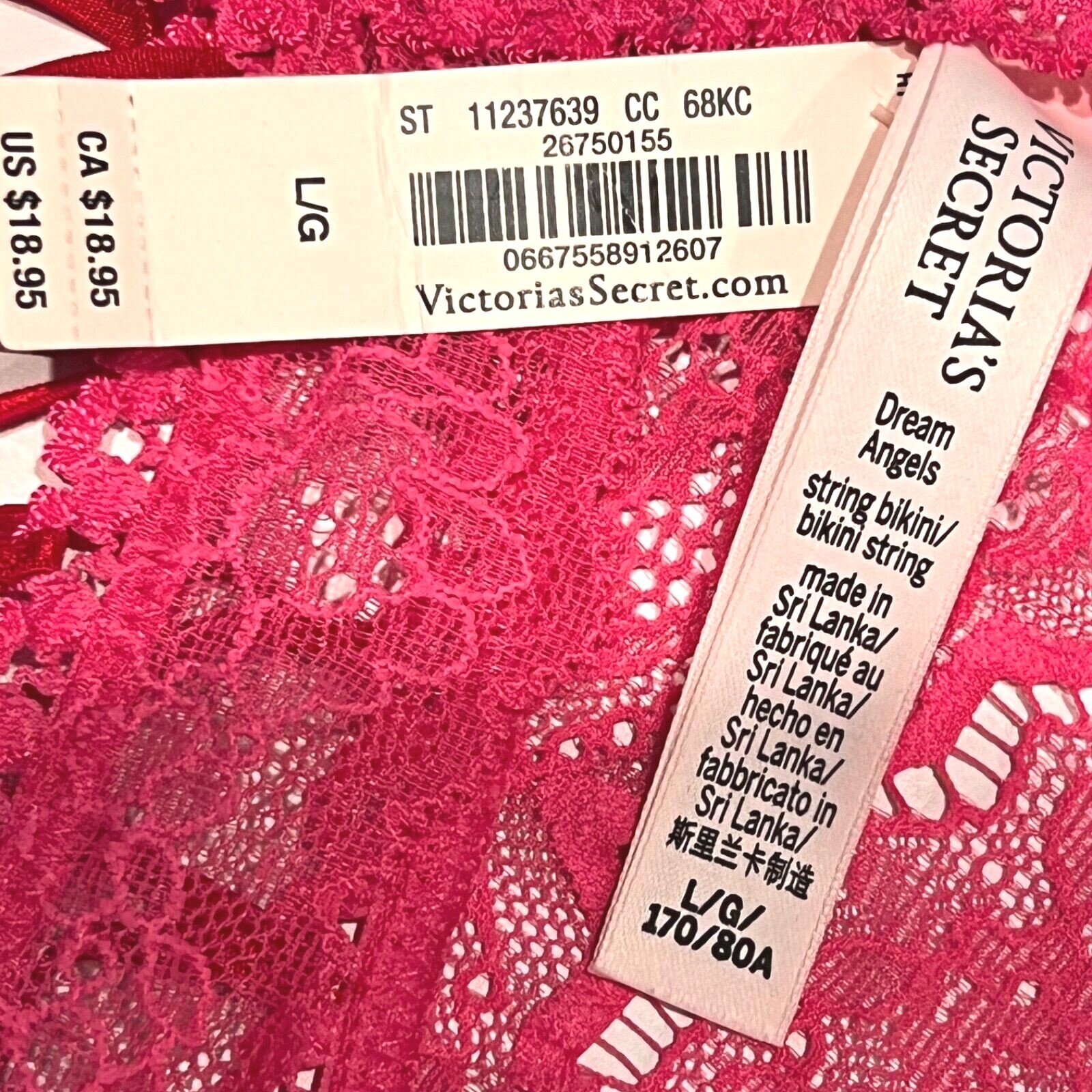 NWT VICTORIA’S SECRET Dream Angels String Bikini XS-M-L Pink Lace Red