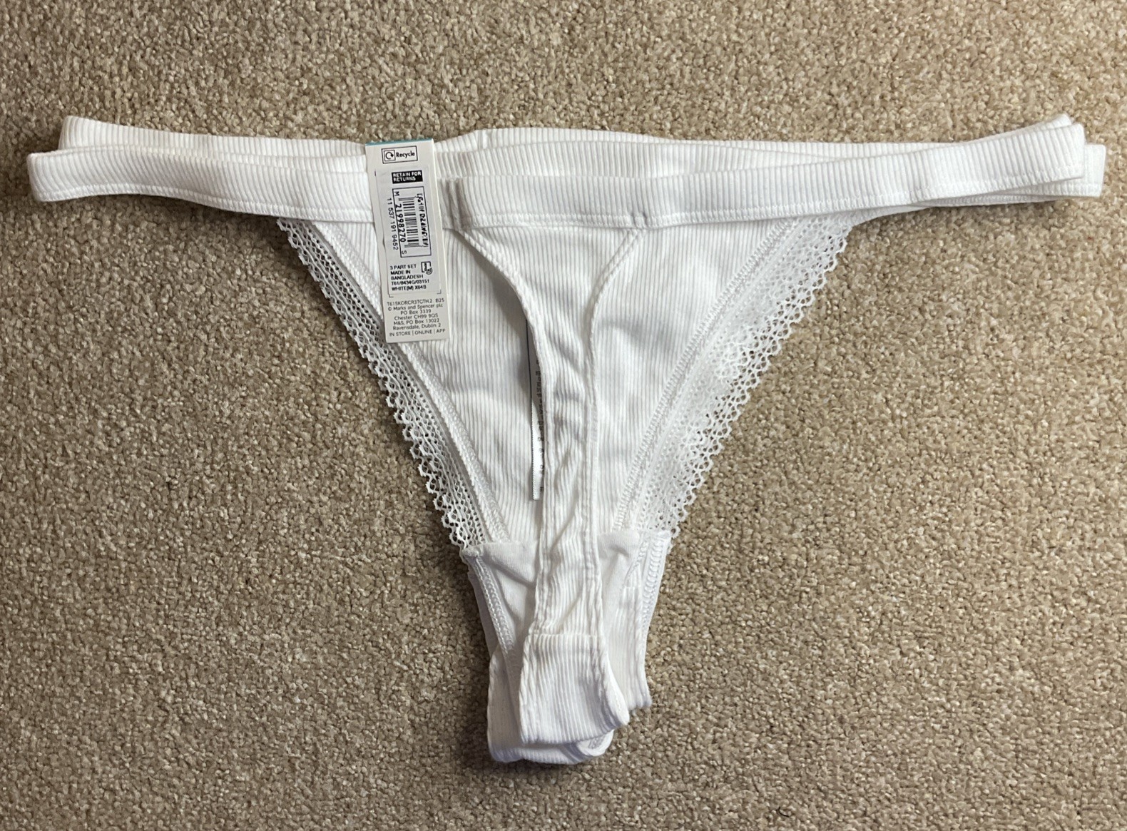 M&S 3 PACK Size Medium 12-14 Tanga Thongs Knickers Cotton Stretch White M Thong