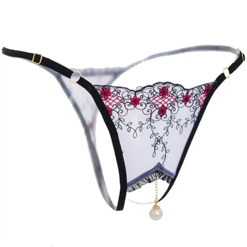 Pearl Pendant Crotchless Open Thongs Women Lace Transparent Embroidery G String