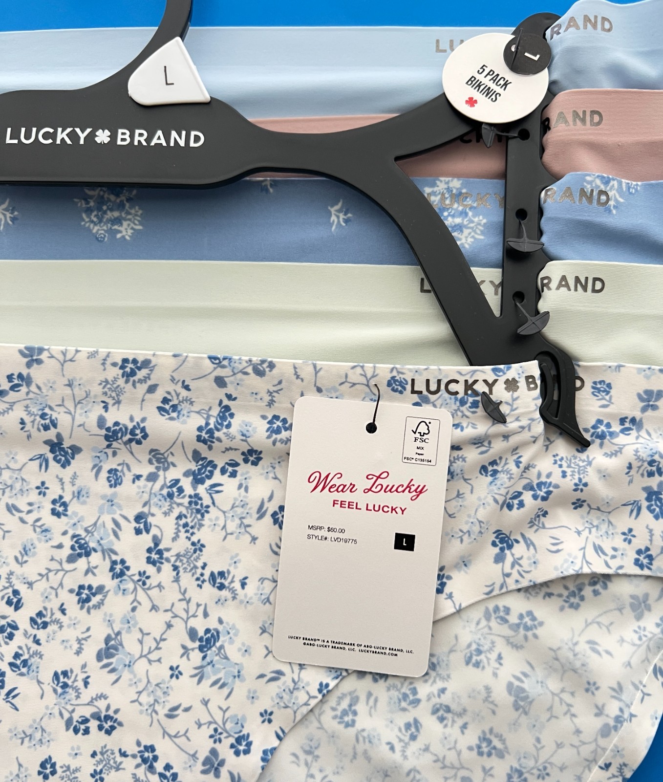 Lucky Brand Set Of 5 Bikinis Sleek Nylon Fit Size Large Light Floral Solid NWT