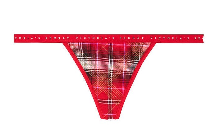 Large Red GOLD Glitter Plaid V-String LOGO Victorias Secret Thong Holiday Pantie