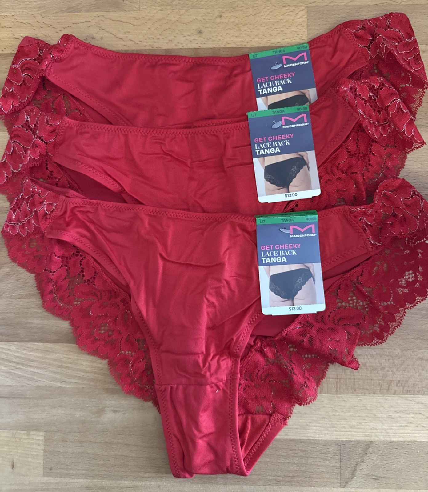 3x-Maidenform Get Cheeky Lace Back Tanga L/7 Red/Silver MWT