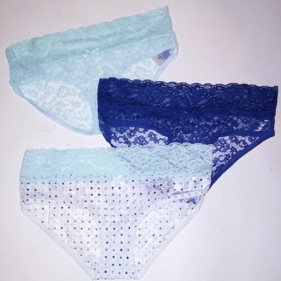 Set of 3 Simply Styled Panties Small Blue White Solid Polka Dots Lace New
