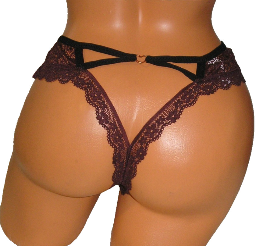 Panties Lingerie Strap Back Metal Heart Burgundy Lace Thong, Large Adult Gift