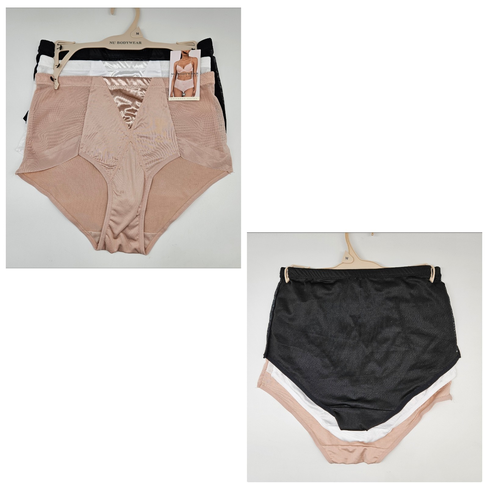 NU BODY 3 Pk Women’s M L 1X 2X Satin Mesh Tummy Brief Panties Black White Beige