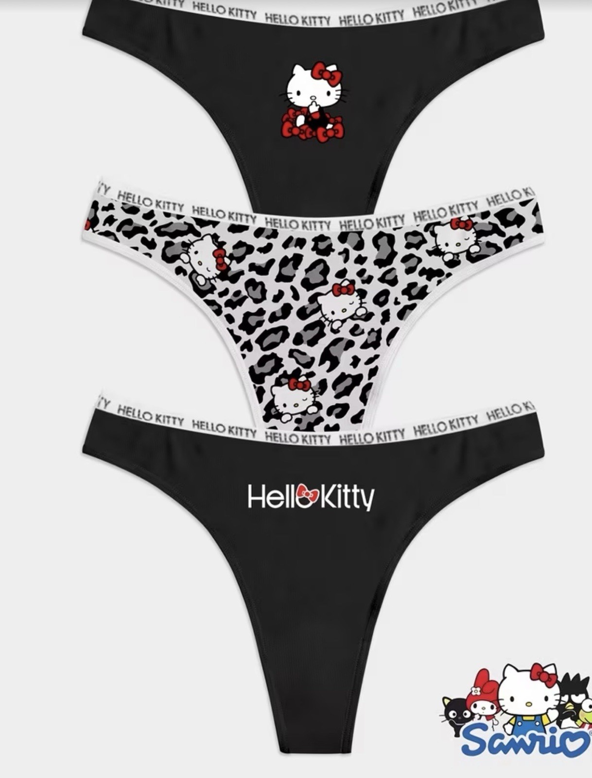 Women’s Teens Hello Kitty Thong Panties Black White Leopard Cartoon 3pk Medium