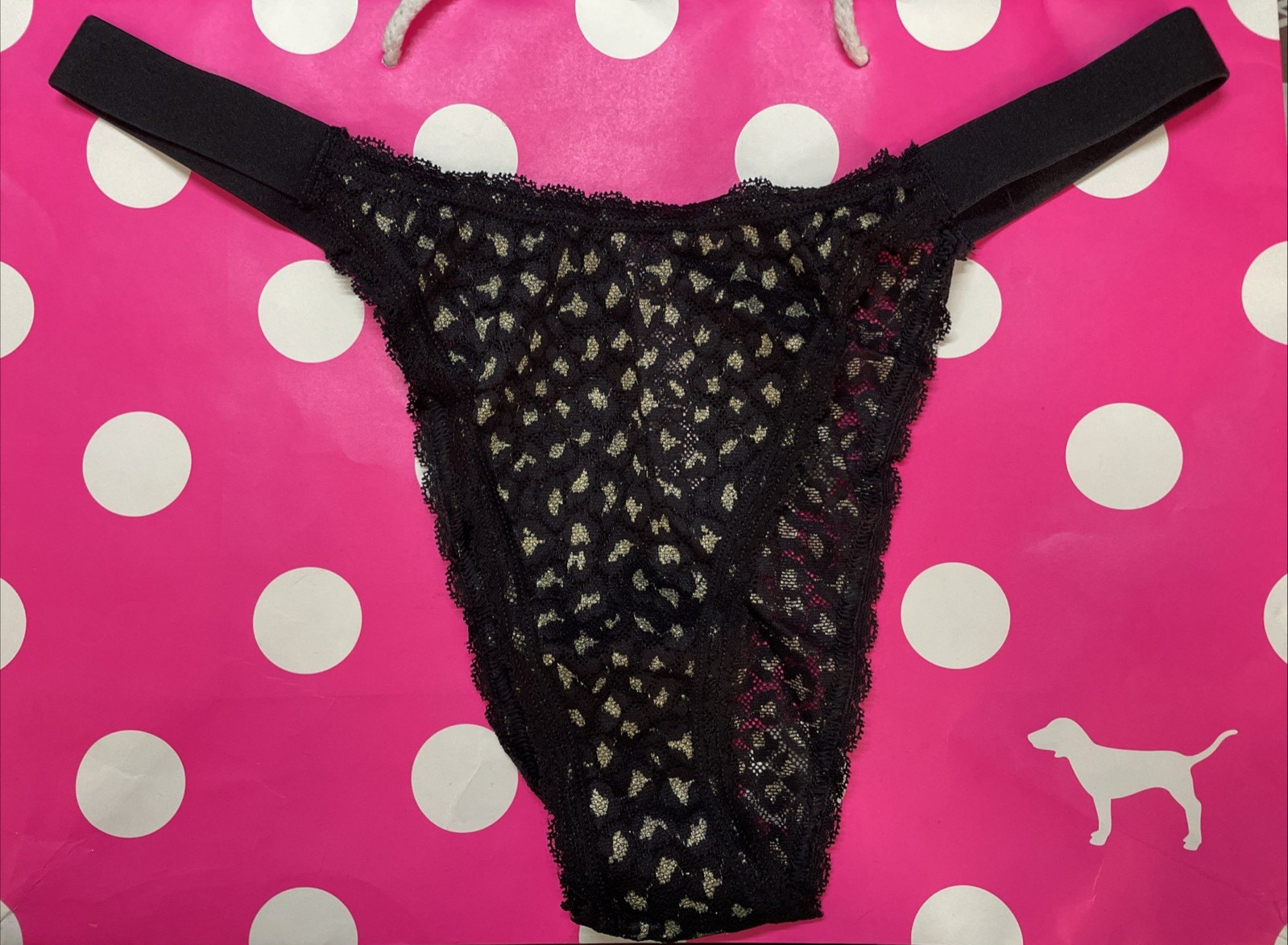 2021 Victorias Secret Lace String Brazilian Panties L Sheer Black Gold Hi Leg