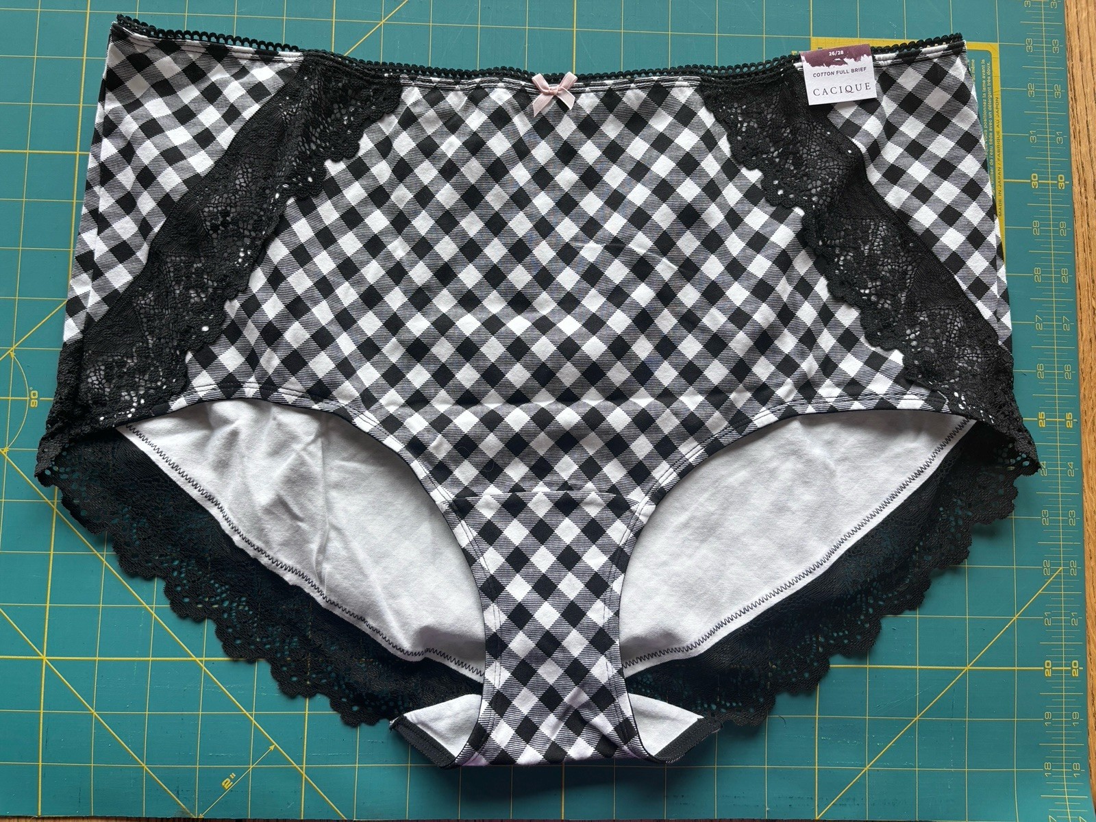 NWT Cacique Cotton Fullbrief Gingham Black White Check Lace 26/28