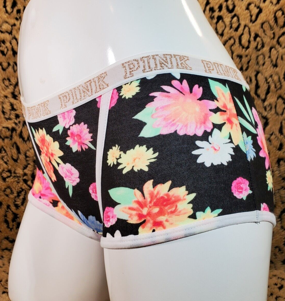 Victoria’s Secret Gold Glitter Logo Black Floral HipHugger Hipster Panty XS Sexy