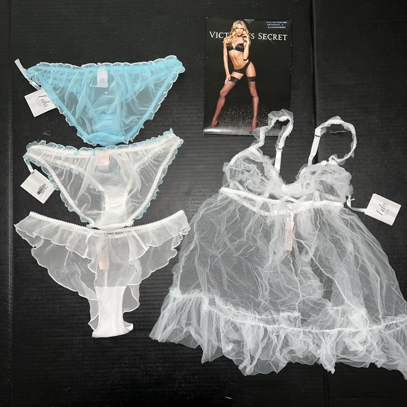 Victoria’s Secret S BABYDOLL+panty lot chiffon I DO BRIDE YES BLUE white BRIDAL