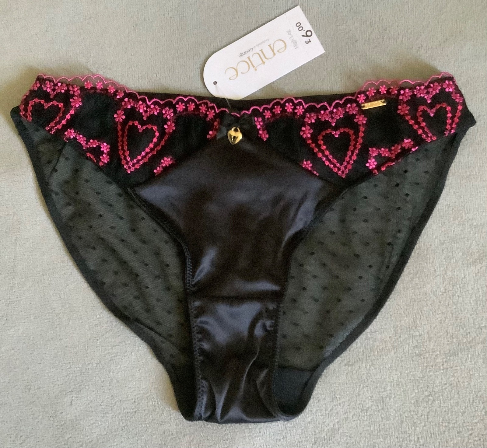 GEORGE Black with Embroidered Pink Hearts Satin,Lace & Mesh Knickers Sz 6 -BNWT