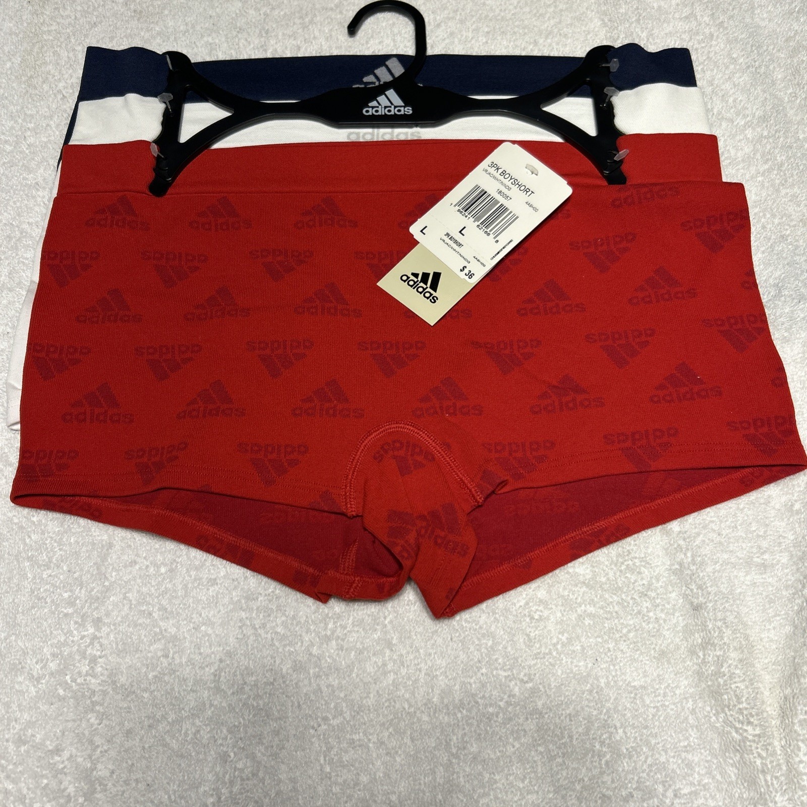 Women’s Adidas 3 Pack Boy Short Underwear Red White Blue Size L