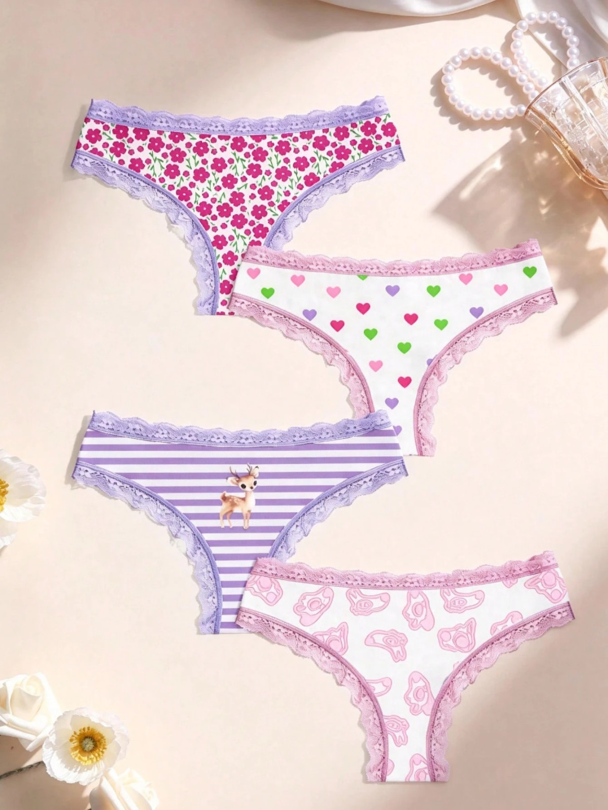Women’s Polyester Kawaii Nature Pastel Deer Thong Cheeky Panties – Pack of 4