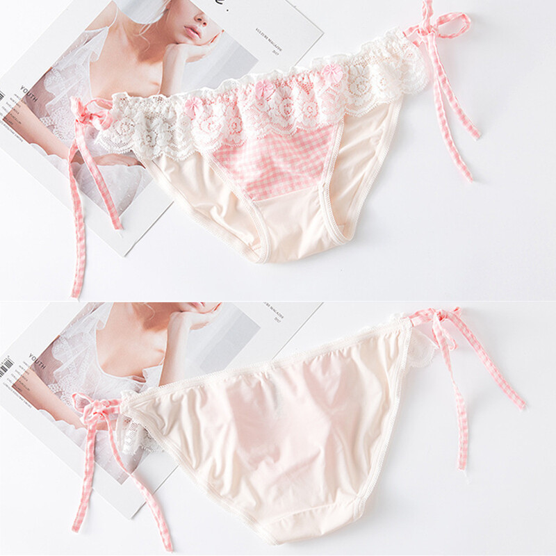 Ladies Check Panties Lace Up Thong Underwear French Knickers Briefs Lolita Cute