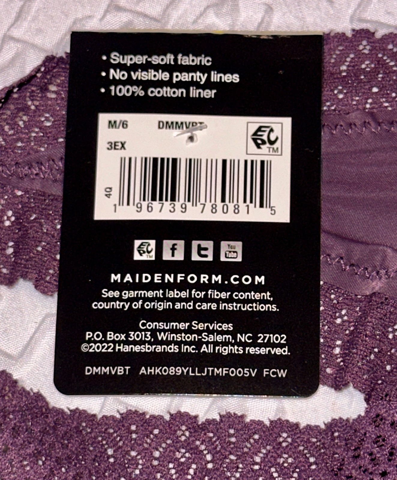 MAIDENFORM M Super Soft Lace Trim V Back Quartz Purple Thong Panty Womens S M XL