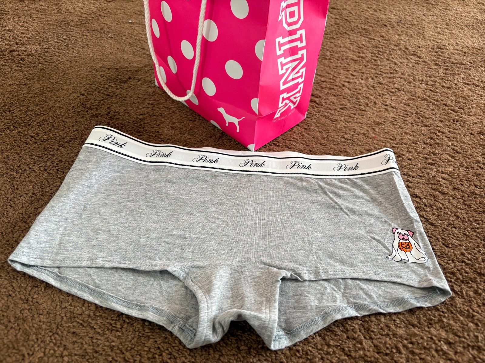 NWT VICTORIA’S SECRET PINK GHOST DOG HALLOWEEN BOYSHORT PANTIES Panty Size Med