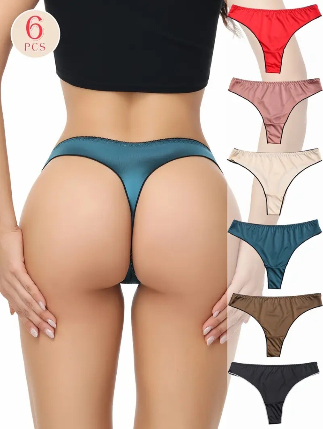 6 Pcs Satin Silky Thongs G String Women’s S M L XL Black Brown Red Pink Cream