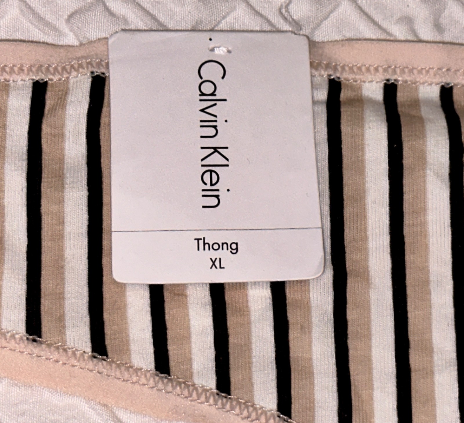 CALVIN KLEIN Form Cotton Nude White Black Striped Thong Panty Womens Sz XL 8