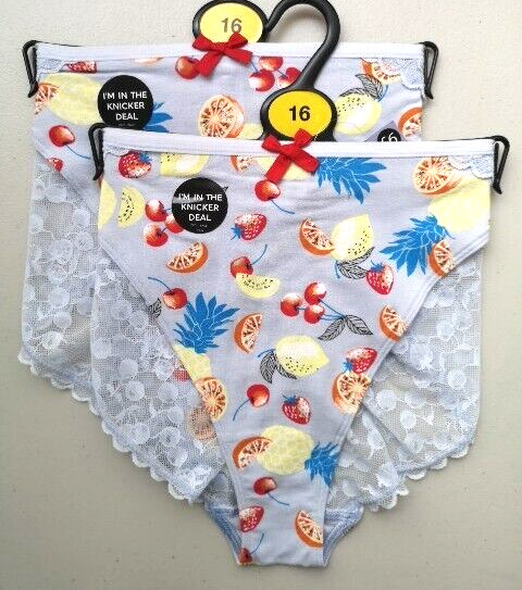 EX M&S Multi coloured Fruit Print High Leg Lace Back Brazilian Knickers Size 16
