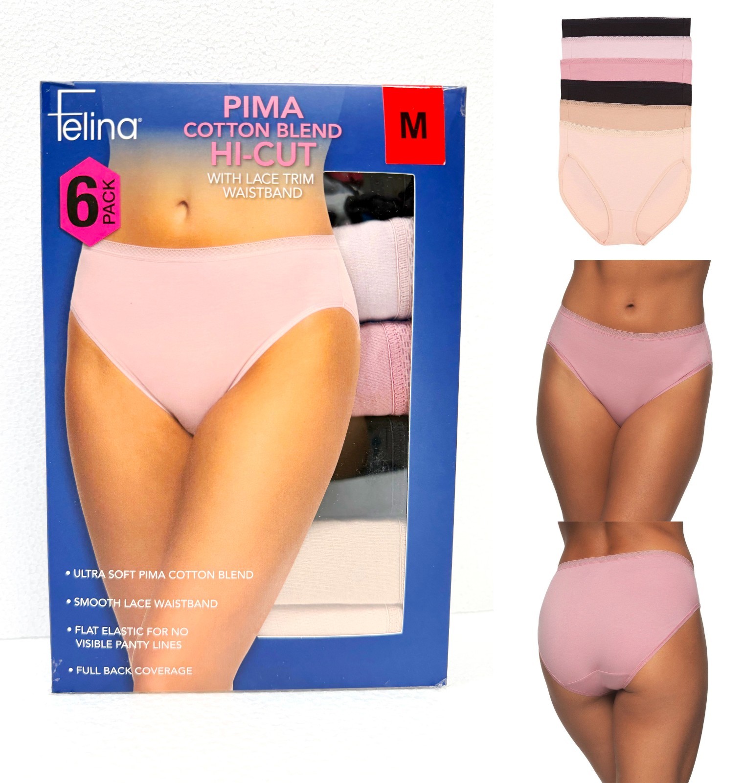 Felina Women’s 6-Pack Pima Cotton Hi-Cut with Lace Trim Panties, Size M